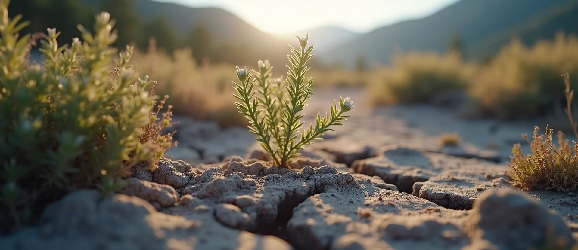 Symbolizing Seed/New Beginning: A local Sagebrush (Artemisia tridentata) shoot emerging from cracked soil. - AI Generated