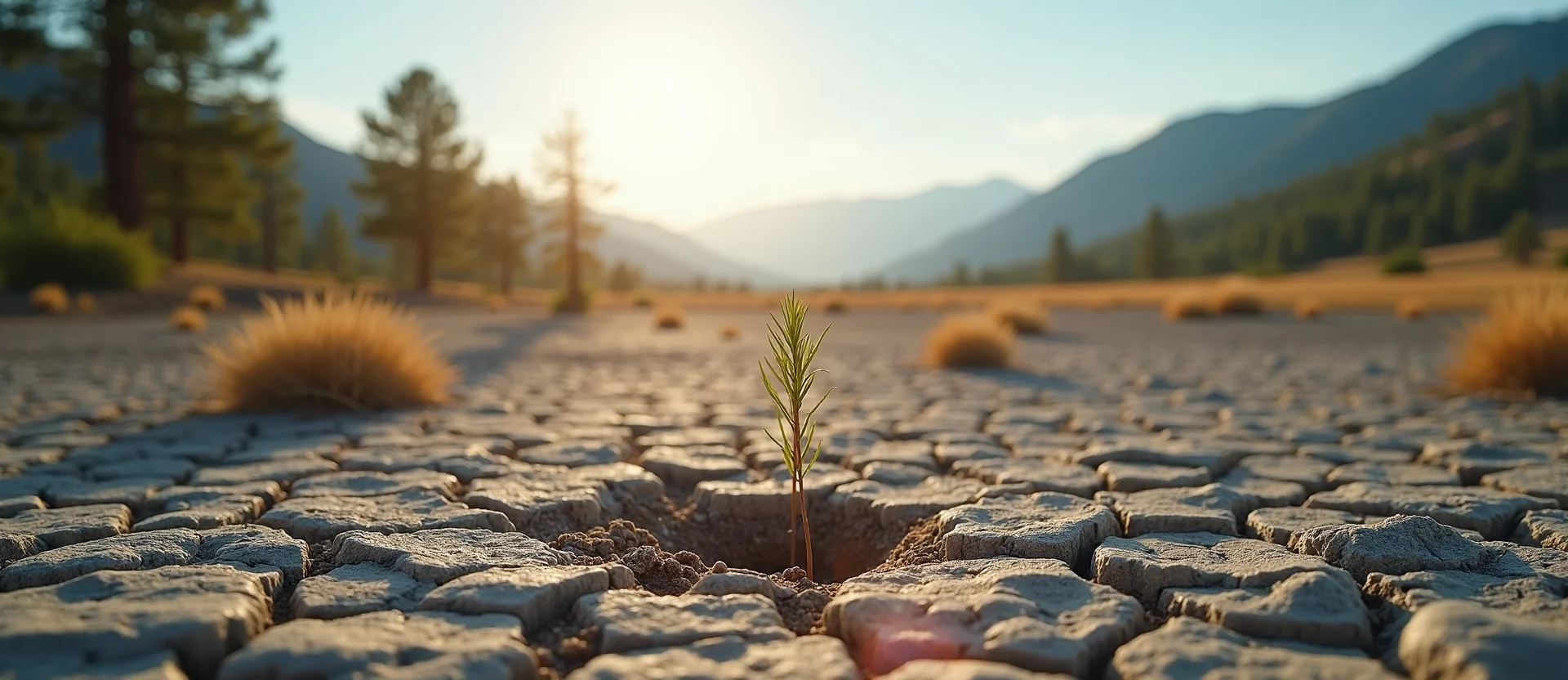 Symbolizing Seed/New Beginning: A local Ponderosa Pine shoot emerging from cracked soil. - AI Generated