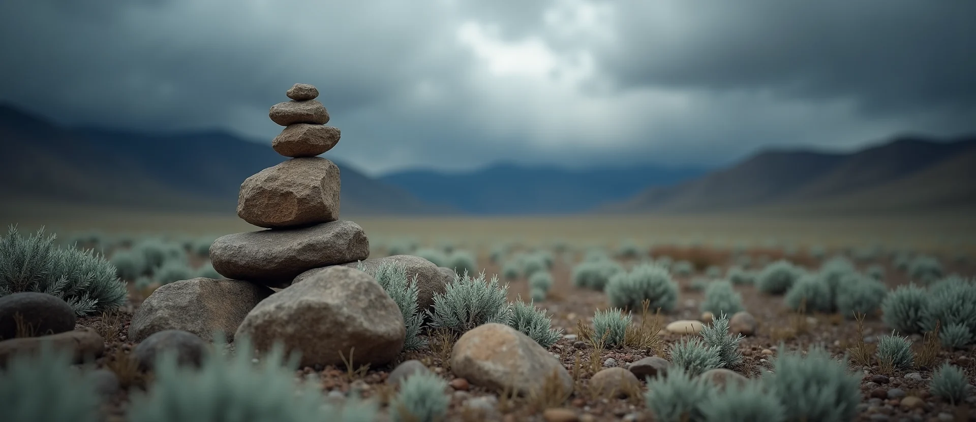 Symbolizing Stability/Peak: A local Sagebrush (Artemisia tridentata) ancient rock cairn. - AI Generated