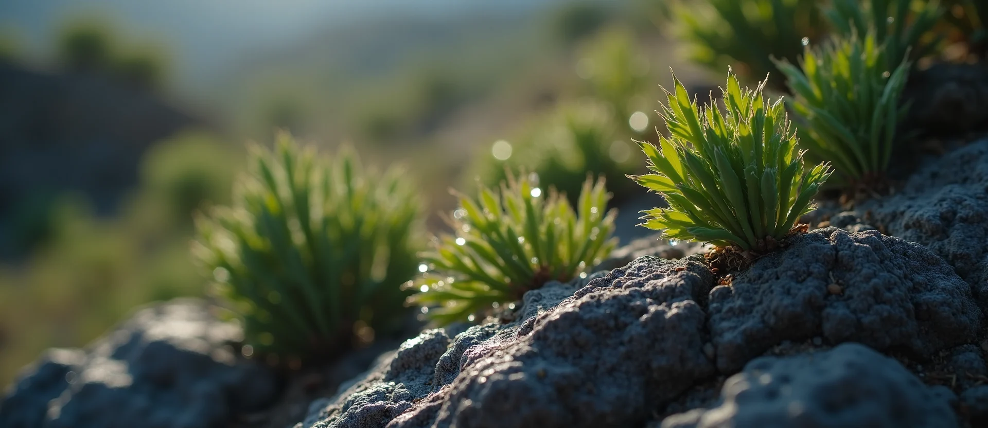Symbolizing Flow/Cleansing: A local Sierra Juniper raindrops on desert leaves. - AI Generated