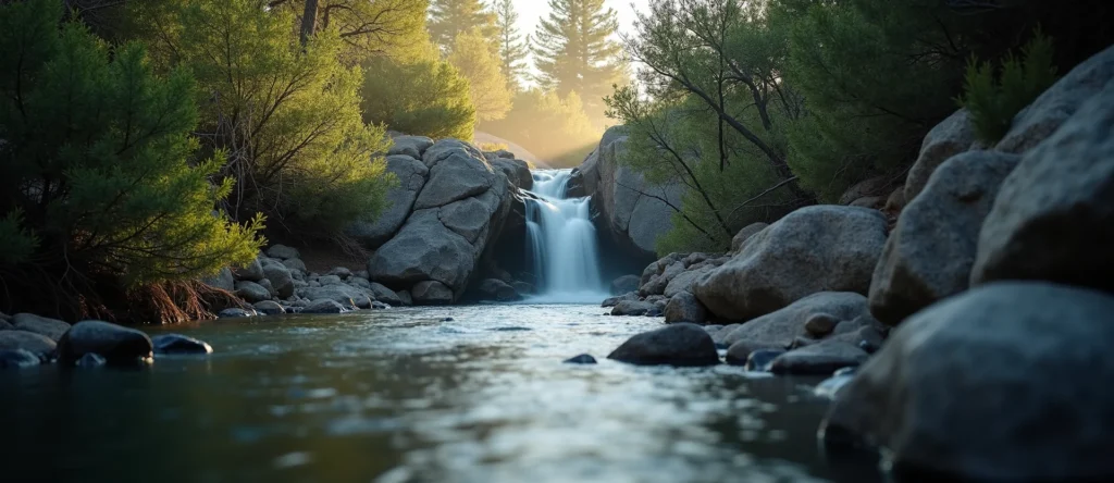 Symbolizing Flow/Cleansing: A local Manzanita hidden small waterfall. - AI Generated