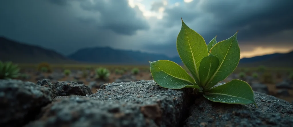 Symbolizing Flow/Cleansing: A local Desert Peach raindrops on desert leaves. - AI Generated