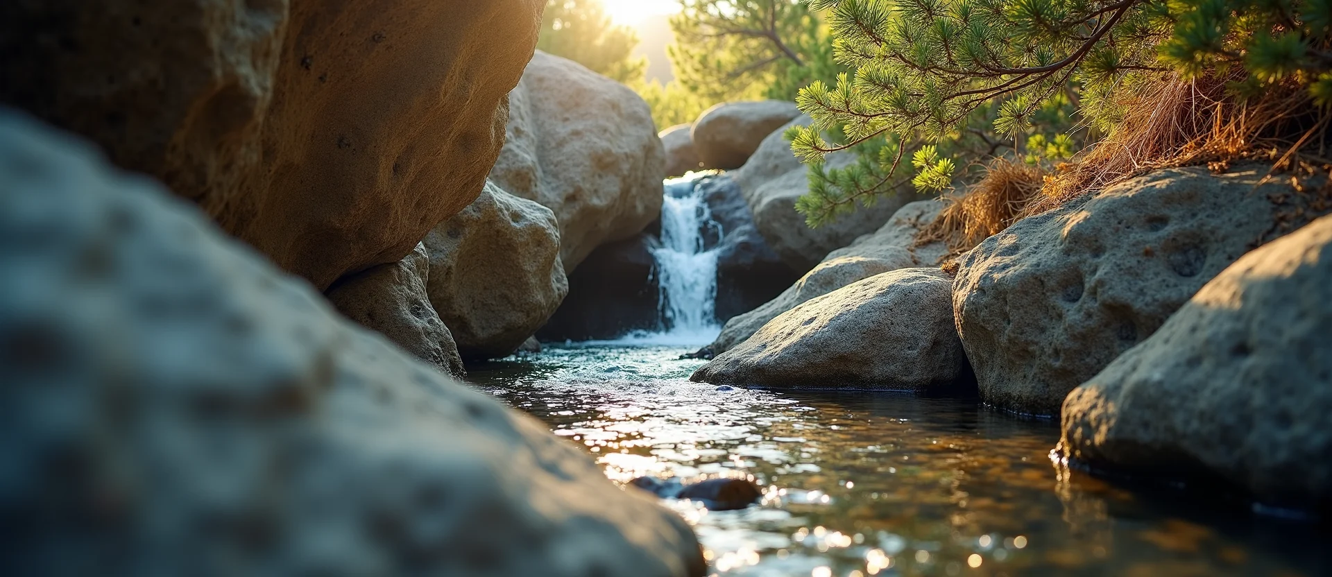 Symbolizing Flow/Cleansing: A local Mountain Mahogany hidden small waterfall. - AI Generated