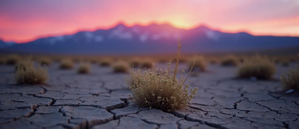 Symbolizing Seed/New Beginning: A local Bitterbrush shoot emerging from cracked soil. - AI Generated