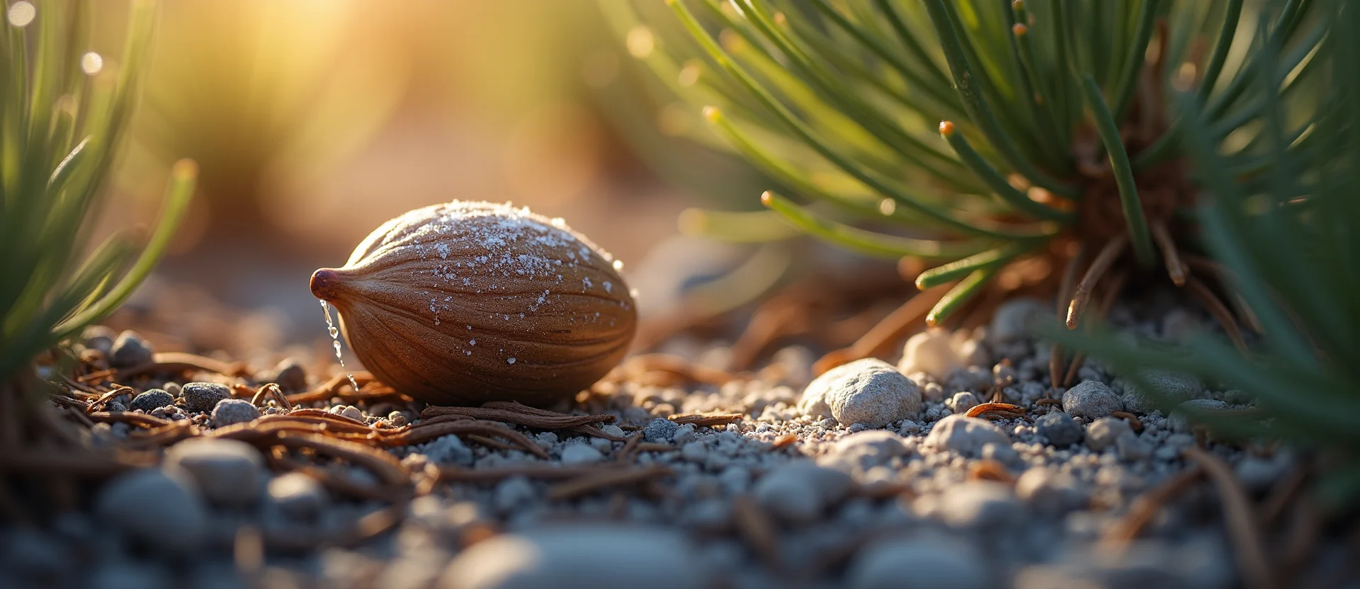 Symbolizing Seed/New Beginning: A local Bitterbrush single pine seed on dry earth. - AI Generated