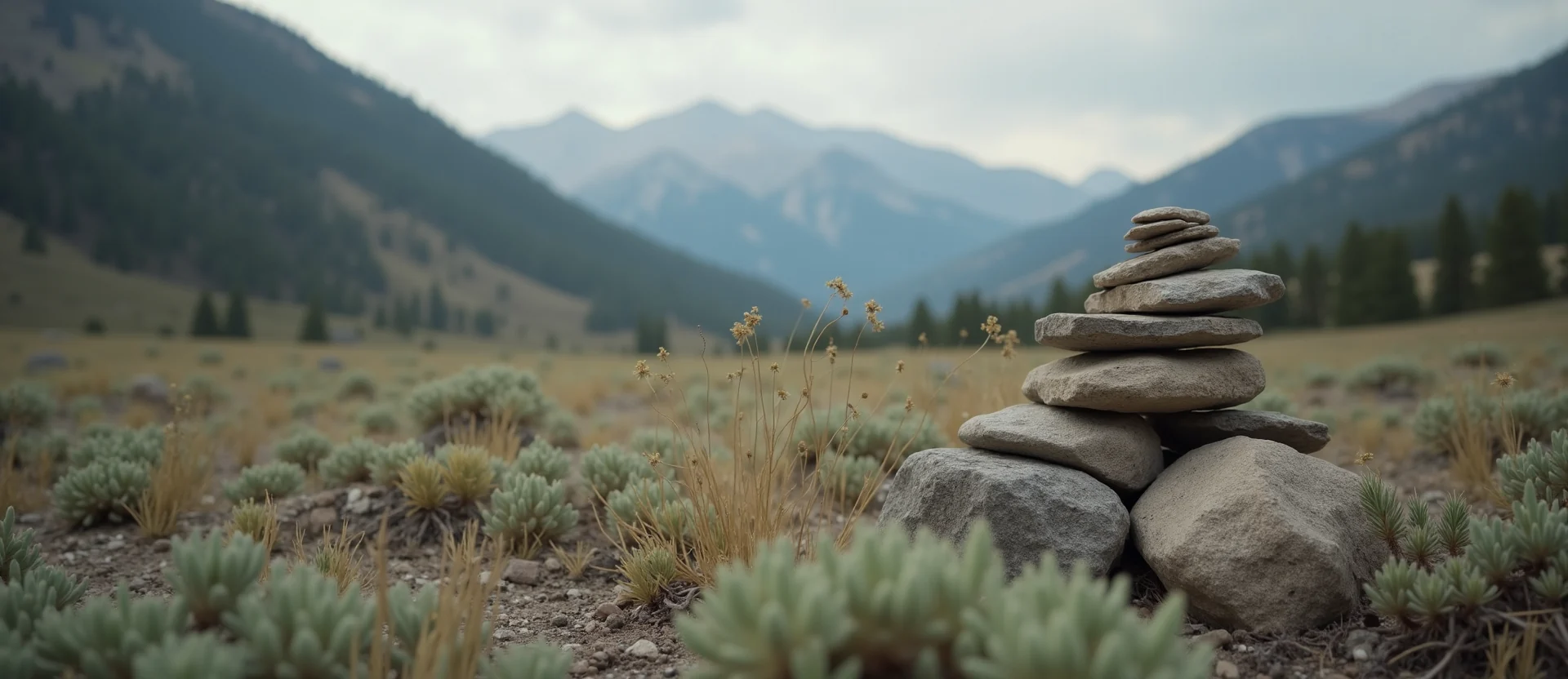 Symbolizing Stability/Peak: A local Quaking Aspen ancient rock cairn. - AI Generated