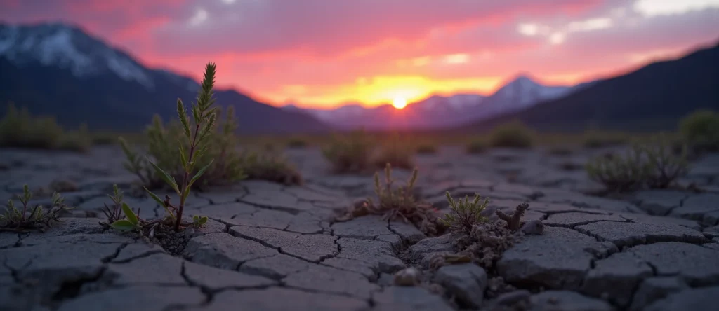 Symbolizing Seed/New Beginning: A local Sagebrush (Artemisia tridentata) shoot emerging from cracked soil. - AI Generated