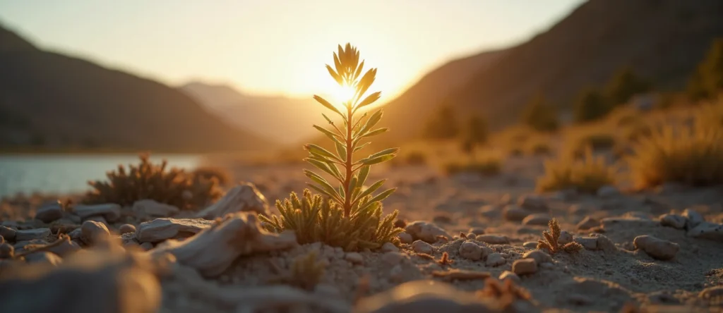 Symbolizing Seed/New Beginning: A local Desert Peach sprouting sagebrush seedling. - AI Generated