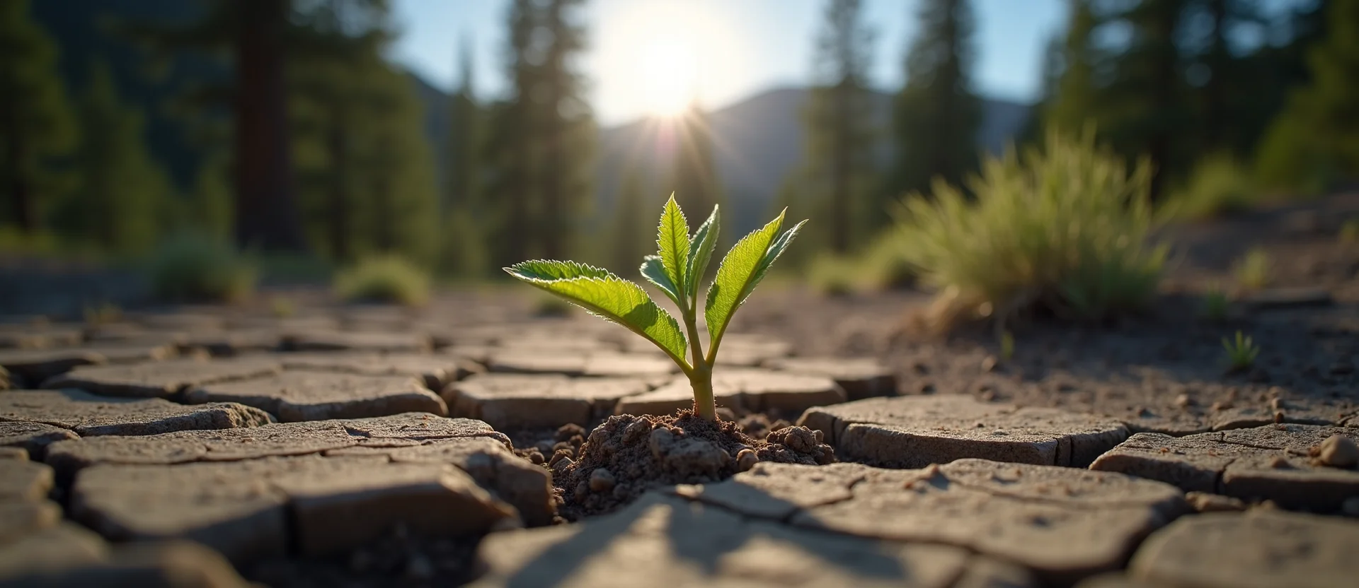 Symbolizing Seed/New Beginning: A local Ponderosa Pine shoot emerging from cracked soil. - AI Generated