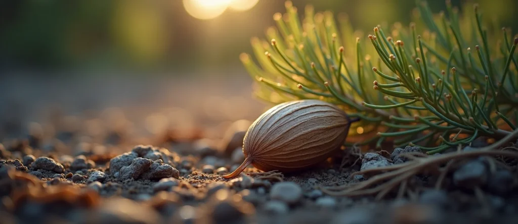 Symbolizing Seed/New Beginning: A local Mountain Mahogany single pine seed on dry earth. - AI Generated