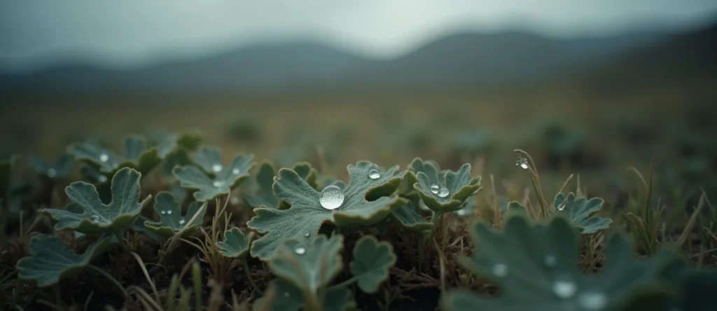 Symbolizing Flow/Cleansing: A local Bitterbrush raindrops on desert leaves. - AI Generated