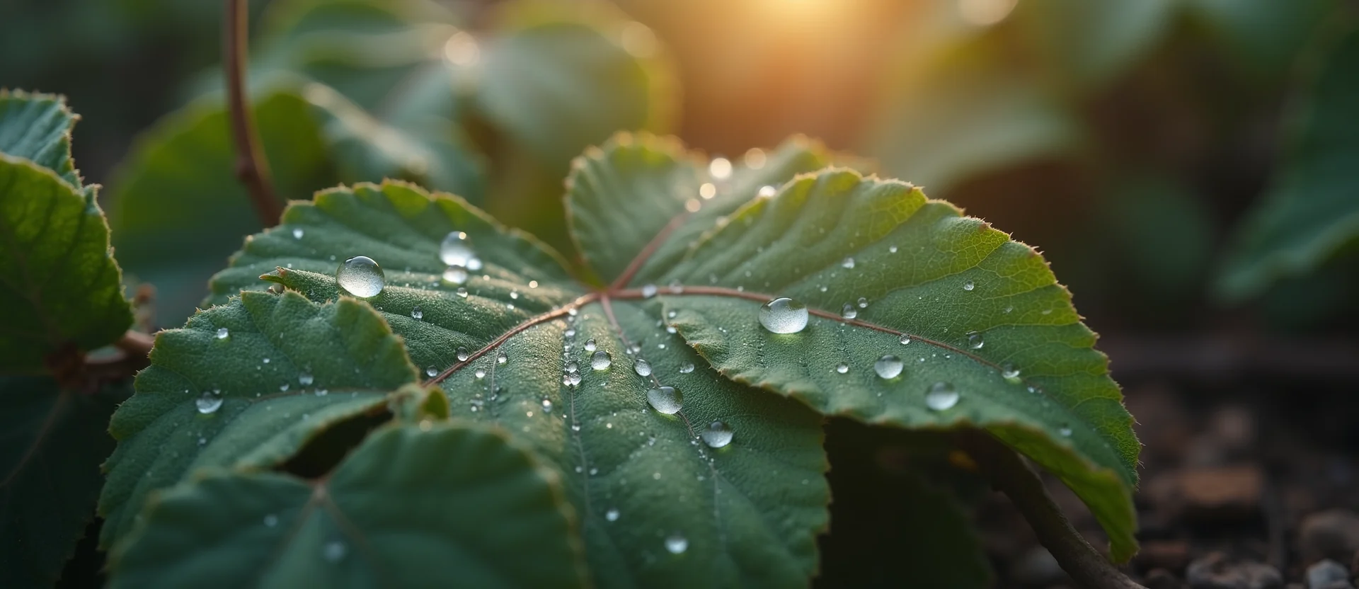 Symbolizing Flow/Cleansing: A local Desert Peach raindrops on desert leaves. - AI Generated