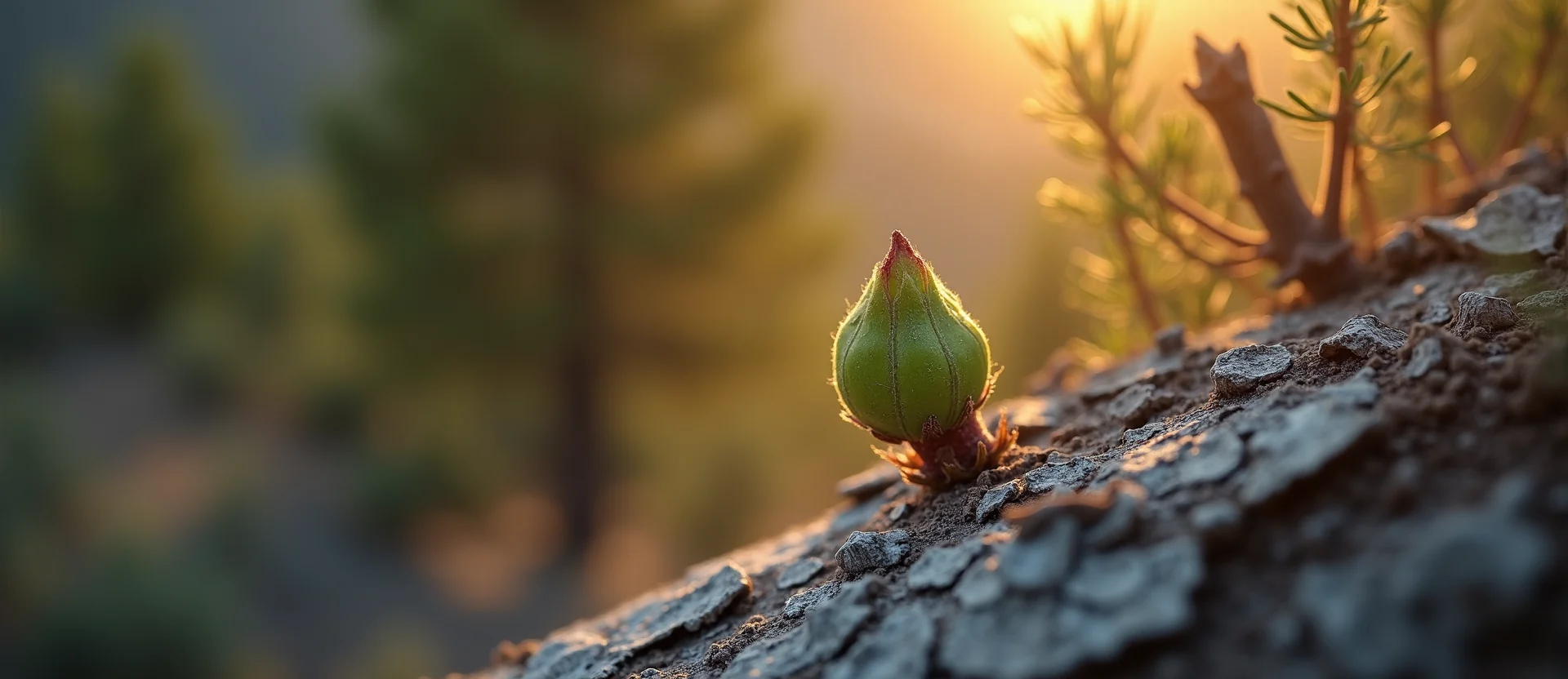 Symbolizing Seed/New Beginning: A local Ponderosa Pine new green bud on a branch. - AI Generated