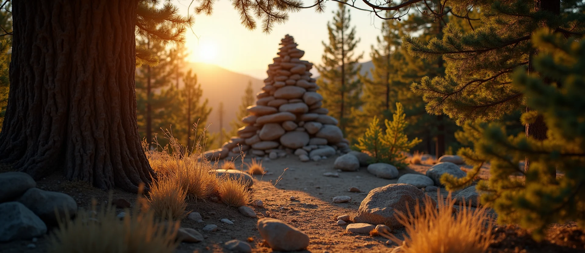 Symbolizing Stability/Peak: A local Sierra Juniper ancient rock cairn. - AI Generated