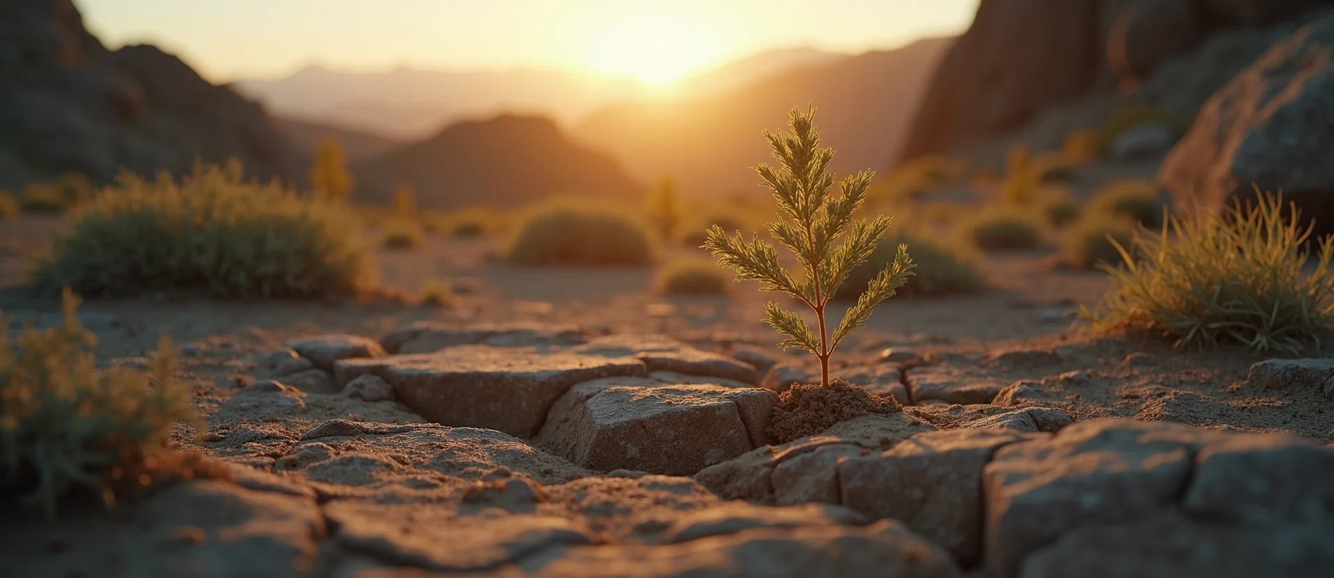 Symbolizing Seed/New Beginning: A local Sagebrush (Artemisia tridentata) shoot emerging from cracked soil. - AI Generated