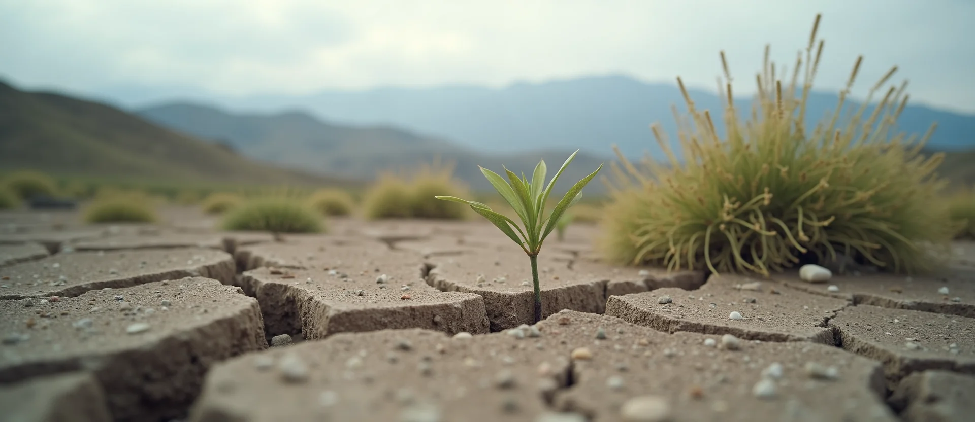 Symbolizing Seed/New Beginning: A local Indian Paintbrush shoot emerging from cracked soil. - AI Generated