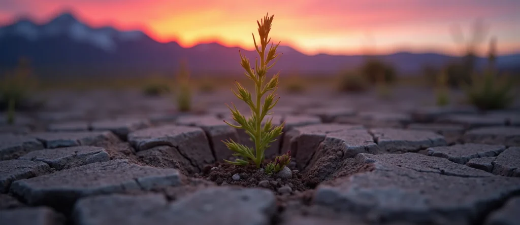 Symbolizing Seed/New Beginning: A local Indian Paintbrush shoot emerging from cracked soil. - AI Generated