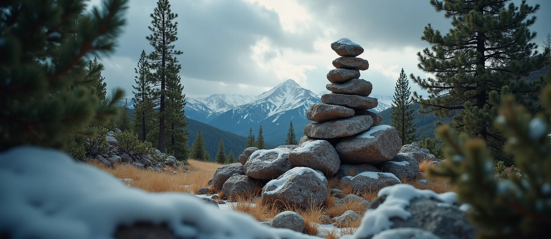 Symbolizing Stability/Peak: A local Quaking Aspen ancient rock cairn. - AI Generated