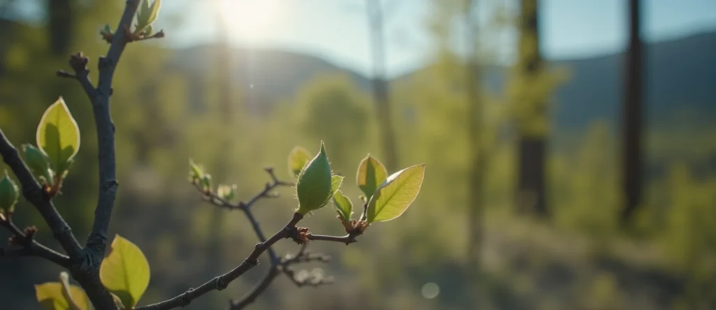 Symbolizing Seed/New Beginning: A local Manzanita new green bud on a branch. - AI Generated