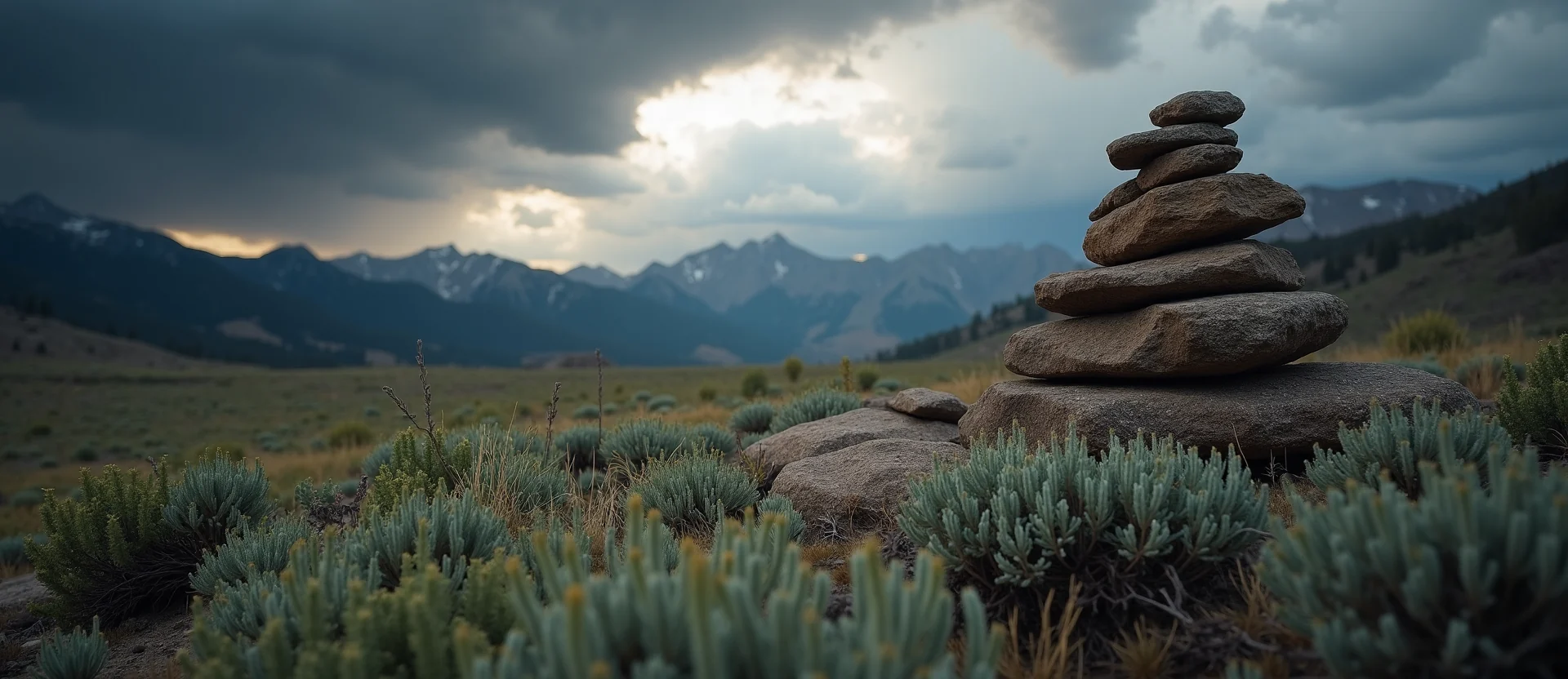 Symbolizing Stability/Peak: A local Sagebrush (Artemisia tridentata) ancient rock cairn. - AI Generated