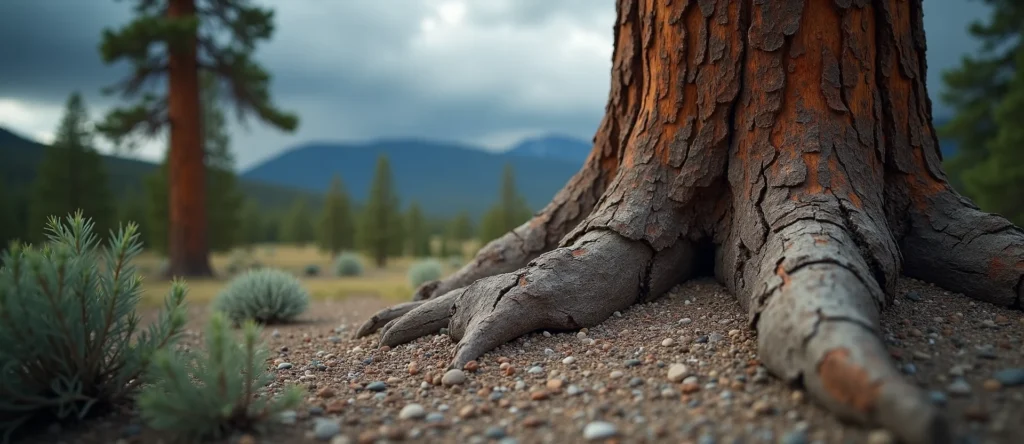 Symbolizing Growth/Resilience: A local Ponderosa Pine sturdy weathered tree trunk. - AI Generated