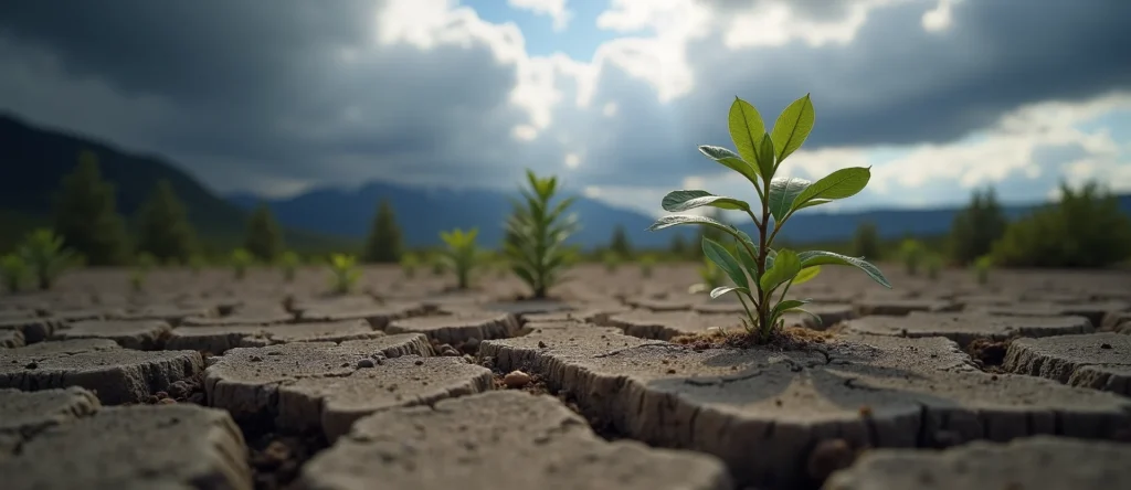 Symbolizing Seed/New Beginning: A local Sierra Juniper shoot emerging from cracked soil. - AI Generated