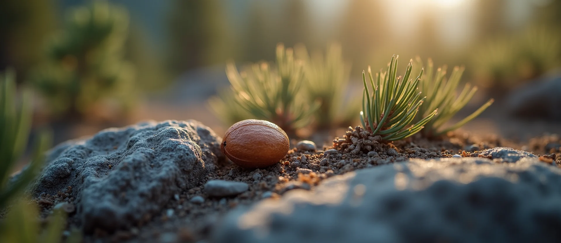 Symbolizing Seed/New Beginning: A local Manzanita single pine seed on dry earth. - AI Generated