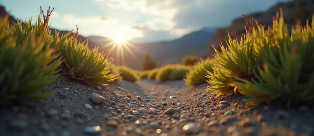 Symbolizing Flow/Cleansing: A local Rabbitbrush raindrops on desert leaves. - AI Generated