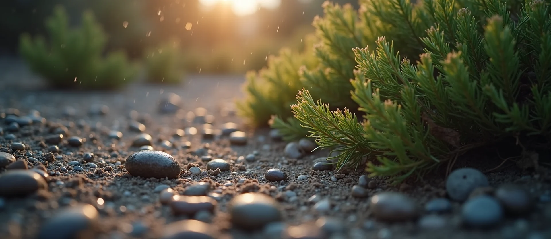 Symbolizing Flow/Cleansing: A local Sierra Juniper raindrops on desert leaves. - AI Generated