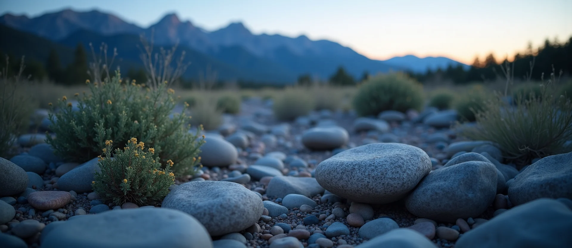 Symbolizing Flow/Cleansing: A local Sagebrush (Artemisia tridentata) smooth Truckee river stones. - AI Generated