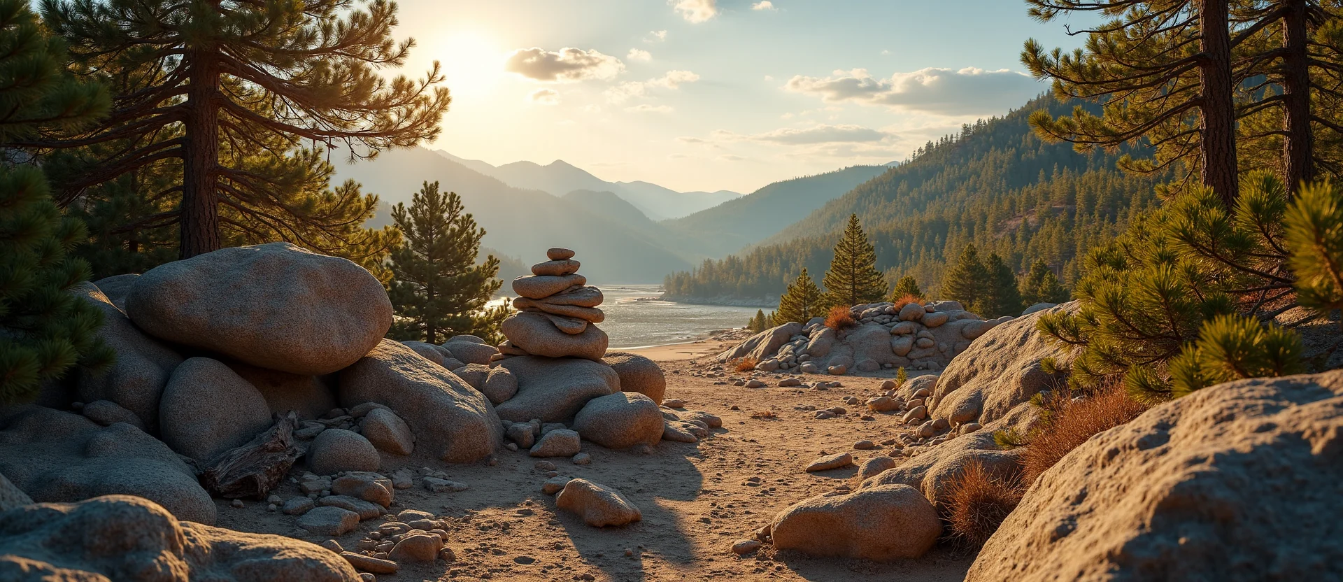 Symbolizing Stability/Peak: A local Manzanita ancient rock cairn. - AI Generated