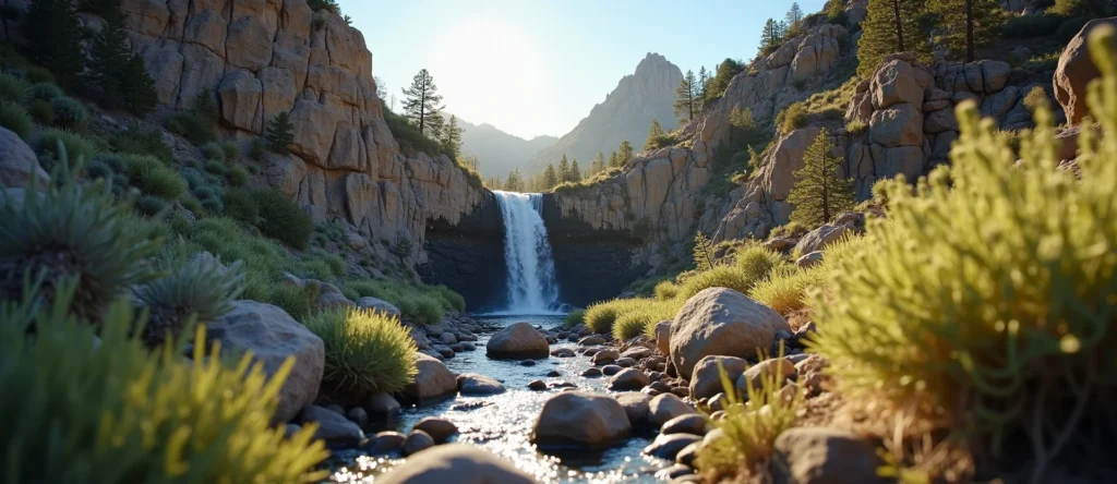 Symbolizing Flow/Cleansing: A local Rabbitbrush hidden small waterfall. - AI Generated