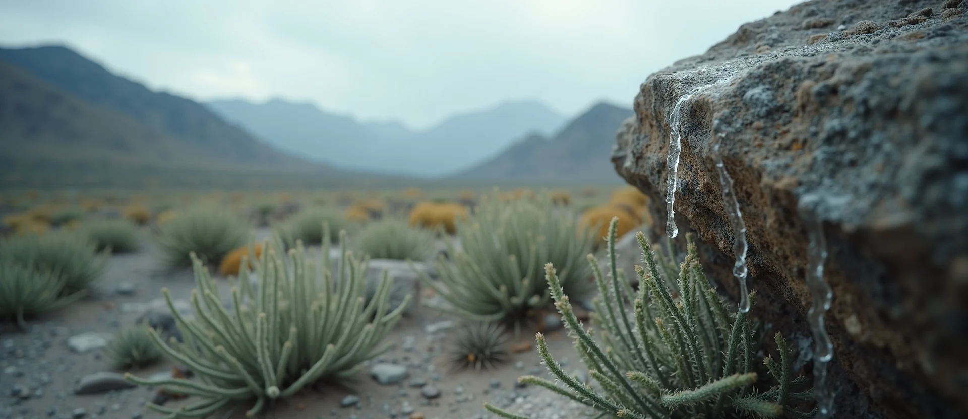 Symbolizing Flow/Cleansing: A local Desert Peach raindrops on desert leaves. - AI Generated