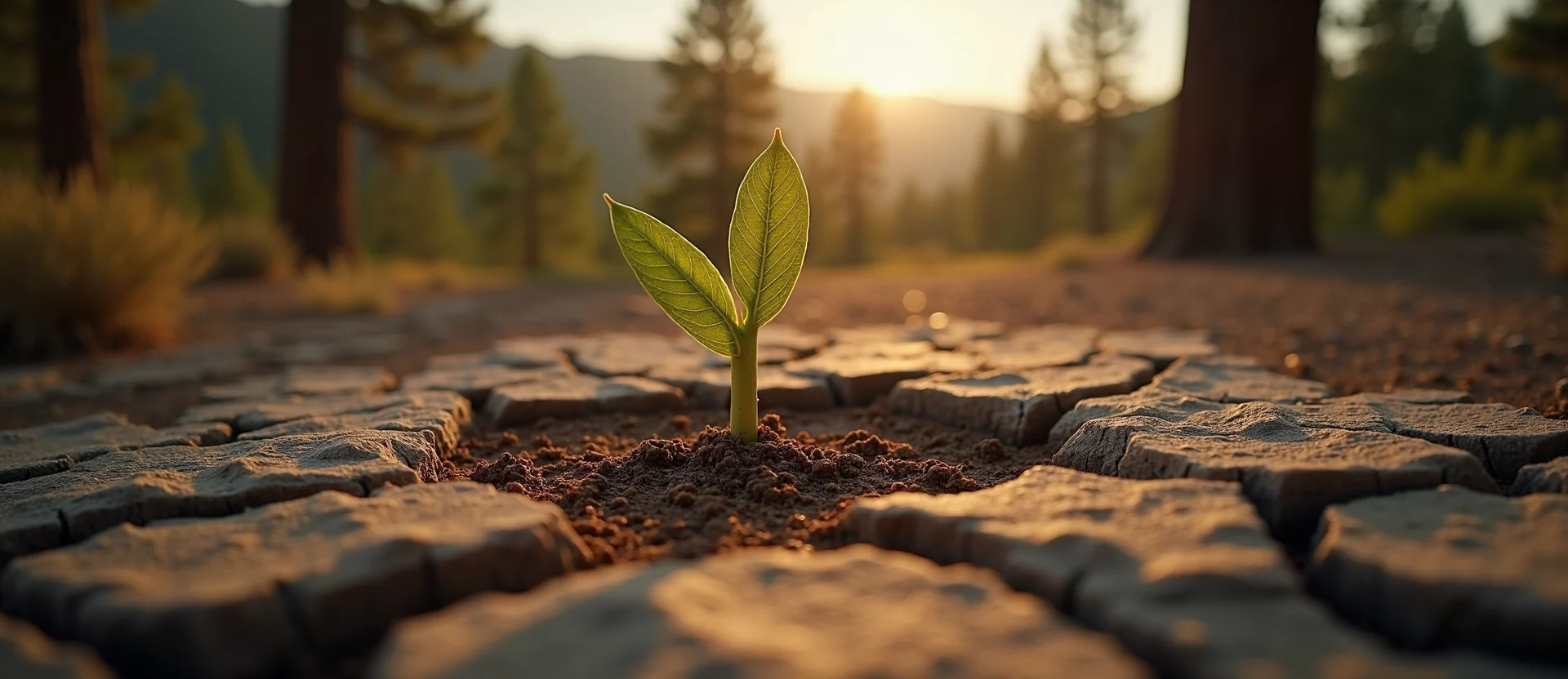 Symbolizing Seed/New Beginning: A local Ponderosa Pine shoot emerging from cracked soil. - AI Generated