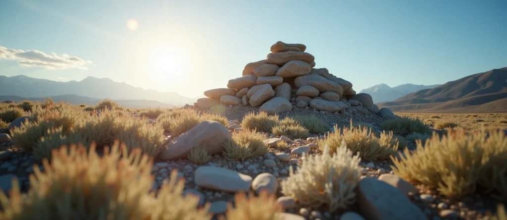Symbolizing Stability/Peak: A local Rabbitbrush ancient rock cairn. - AI Generated