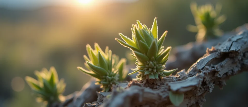 Symbolizing Seed/New Beginning: A local Indian Paintbrush new green bud on a branch. - AI Generated