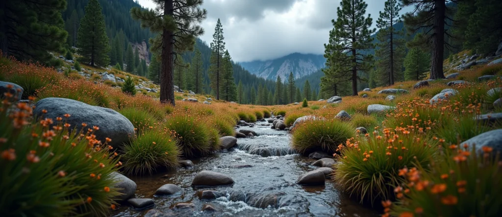 Symbolizing Flow/Cleansing: A local Indian Paintbrush babbling mountain creek. - AI Generated