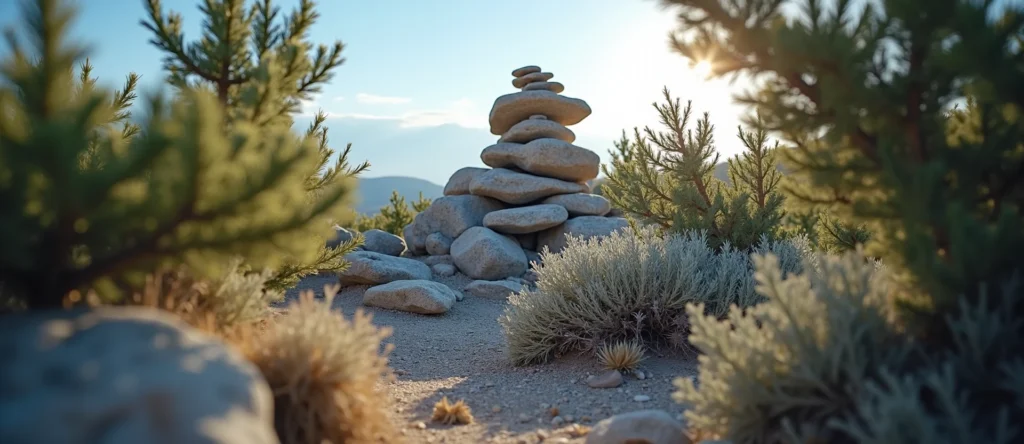Symbolizing Stability/Peak: A local Sierra Juniper ancient rock cairn. - AI Generated