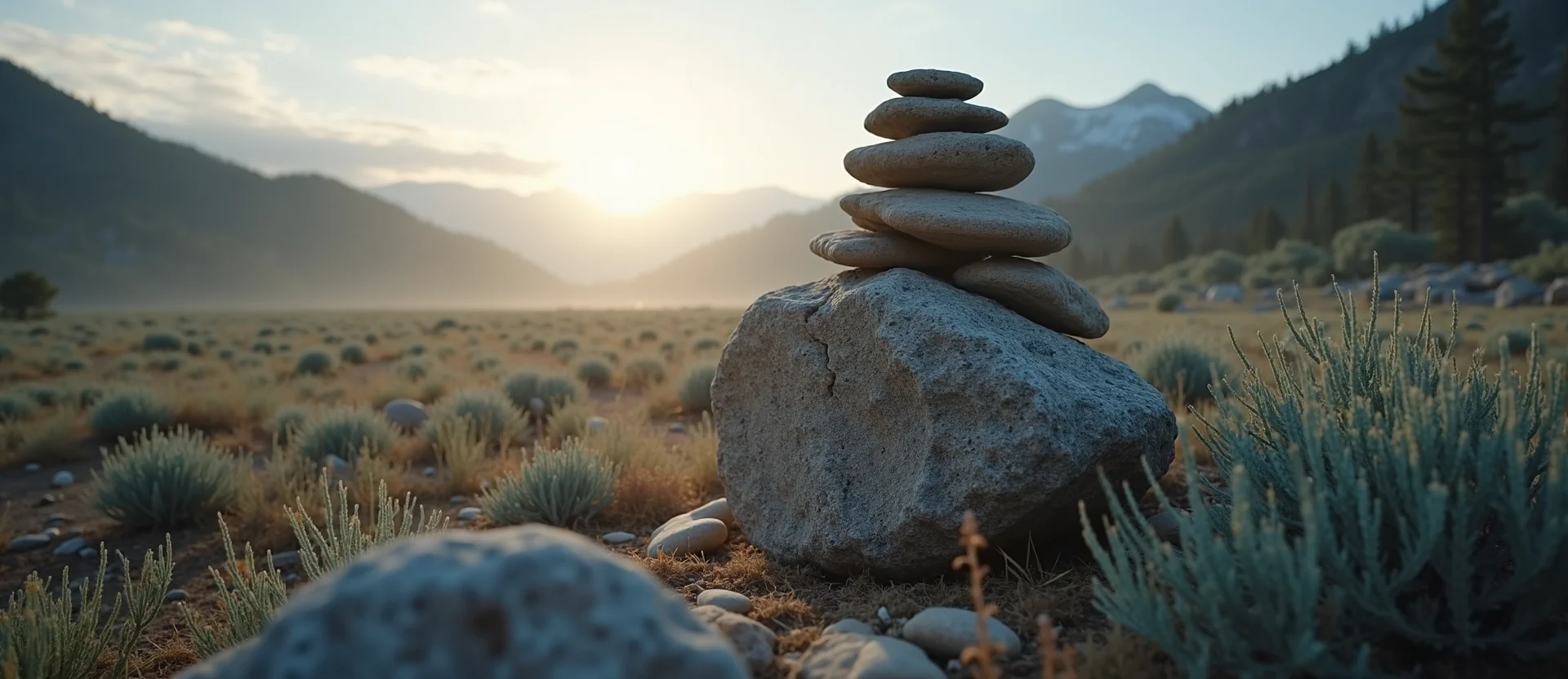 Symbolizing Stability/Peak: A local Sagebrush (Artemisia tridentata) ancient rock cairn. - AI Generated