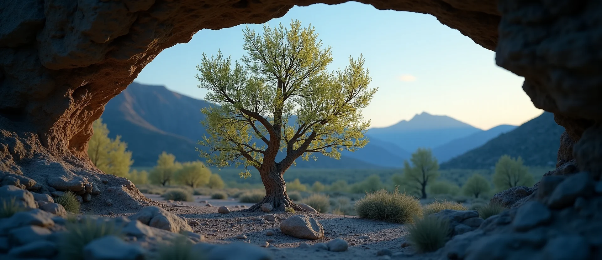 Symbolizing Growth/Resilience: A local Desert Peach tree growing out of a rock cleft. - AI Generated