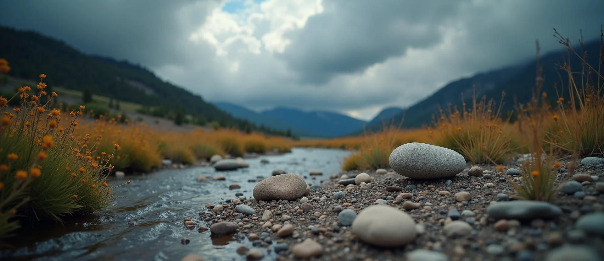 Symbolizing Flow/Cleansing: A local Indian Paintbrush smooth Truckee river stones. - AI Generated