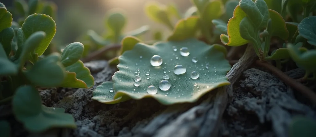 Symbolizing Flow/Cleansing: A local Manzanita raindrops on desert leaves. - AI Generated