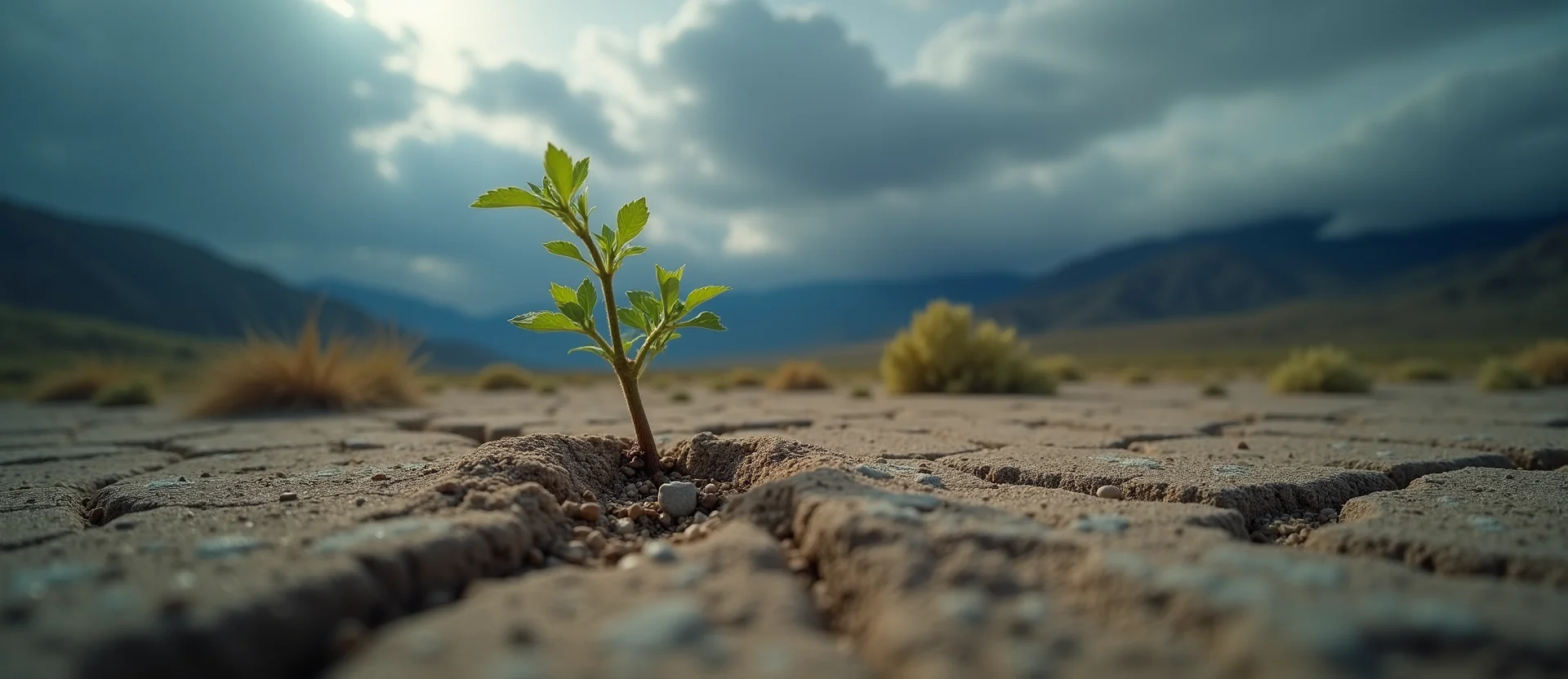 Symbolizing Seed/New Beginning: A local Desert Peach shoot emerging from cracked soil. - AI Generated