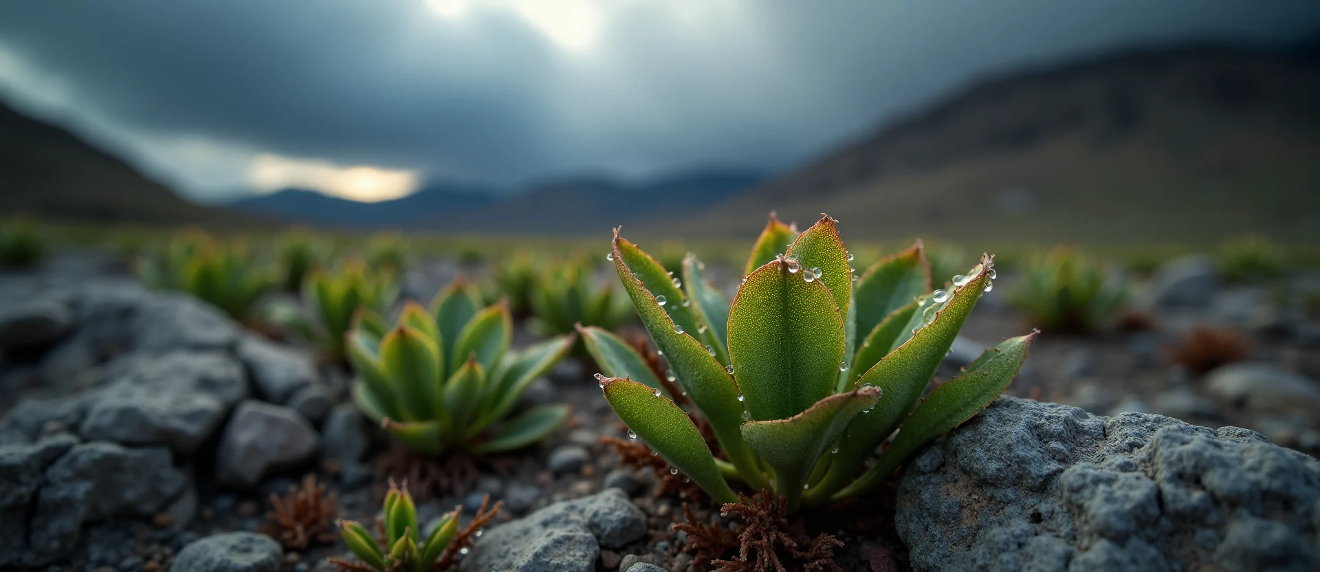 Symbolizing Flow/Cleansing: A local Indian Paintbrush raindrops on desert leaves. - AI Generated
