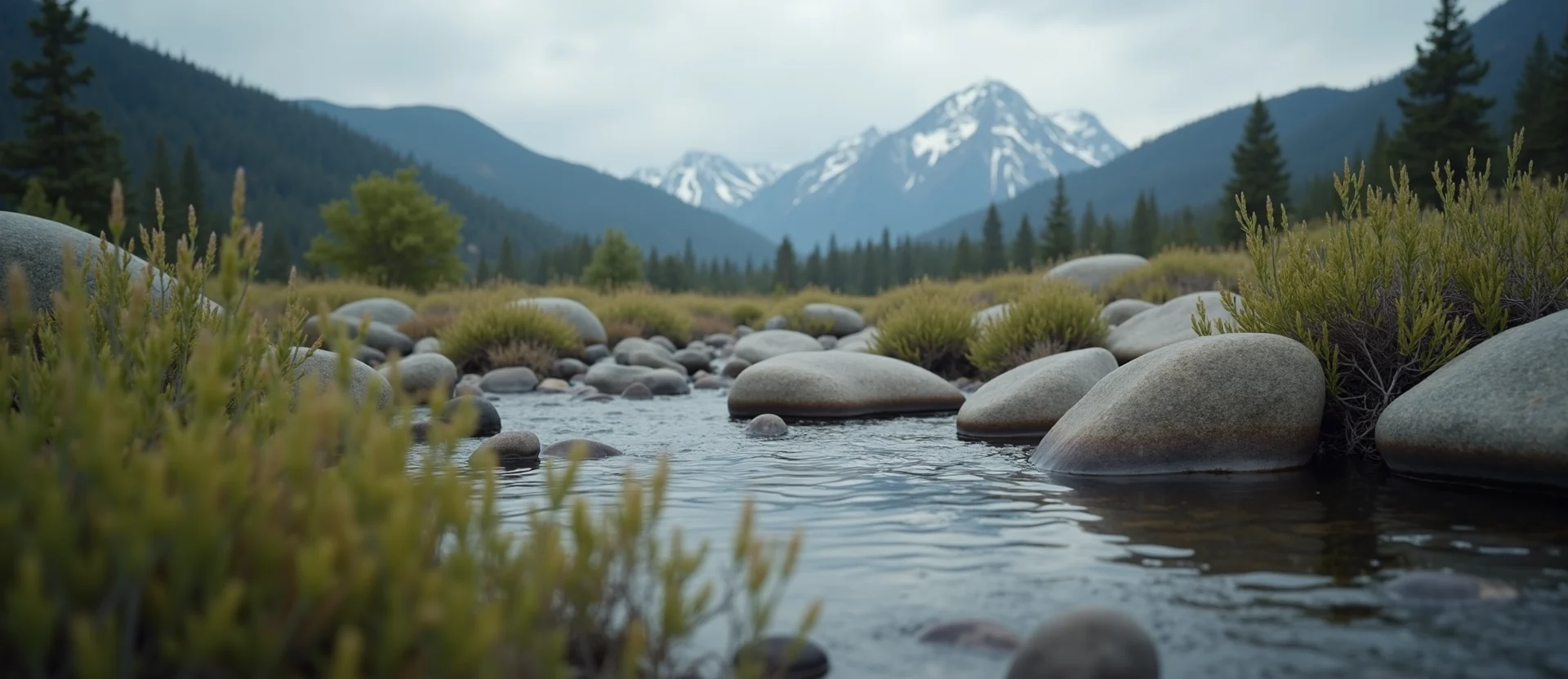 Symbolizing Flow/Cleansing: A local Rabbitbrush smooth Truckee river stones. - AI Generated
