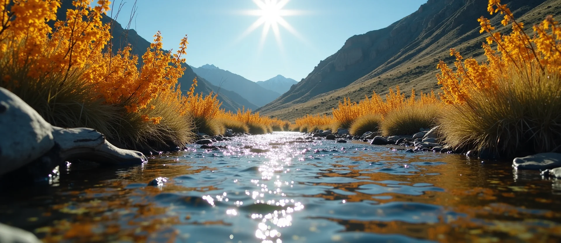 Symbolizing Flow/Cleansing: A local Indian Paintbrush clear cold snowmelt stream. - AI Generated