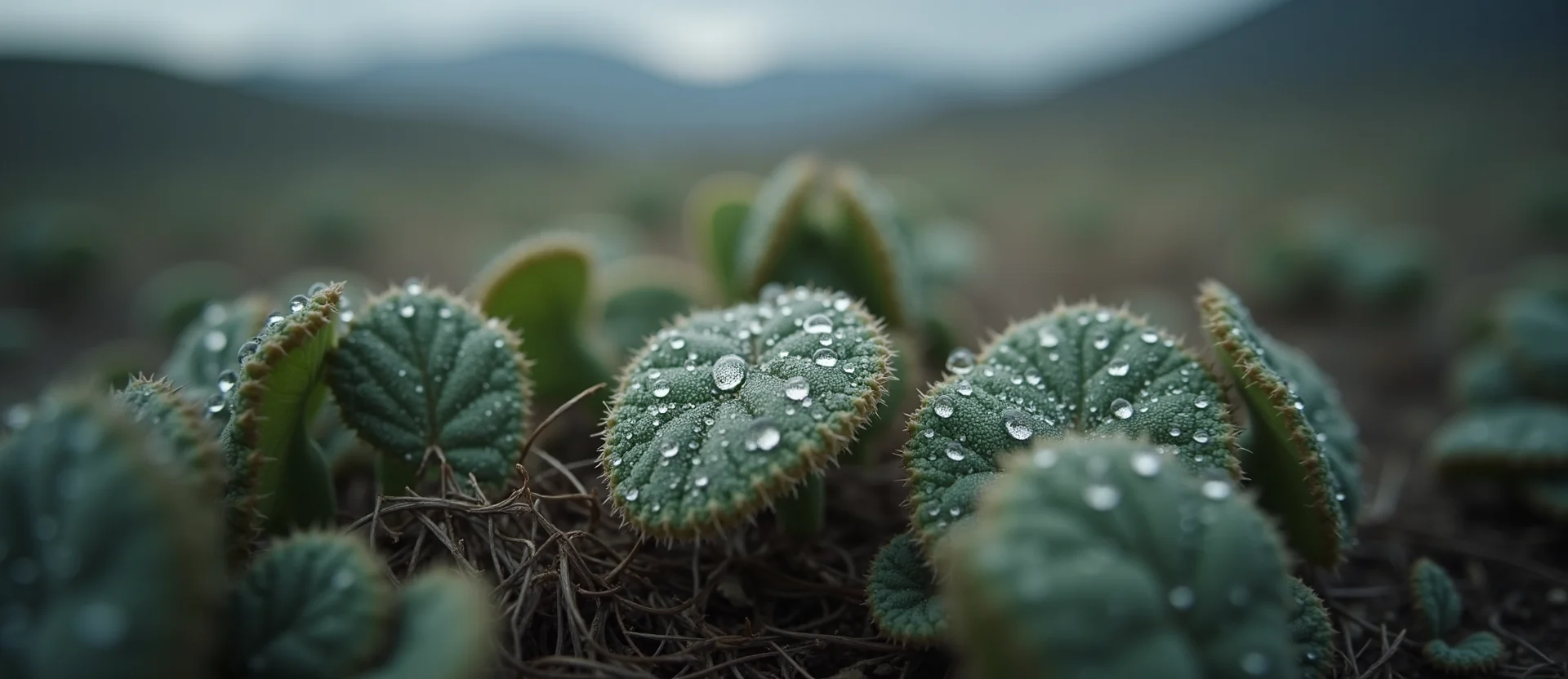 Symbolizing Flow/Cleansing: A local Sagebrush (Artemisia tridentata) raindrops on desert leaves. - AI Generated