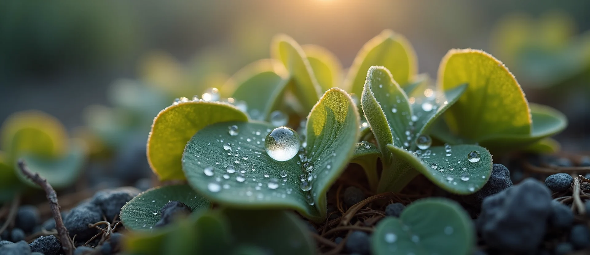 Symbolizing Flow/Cleansing: A local Rabbitbrush raindrops on desert leaves. - AI Generated