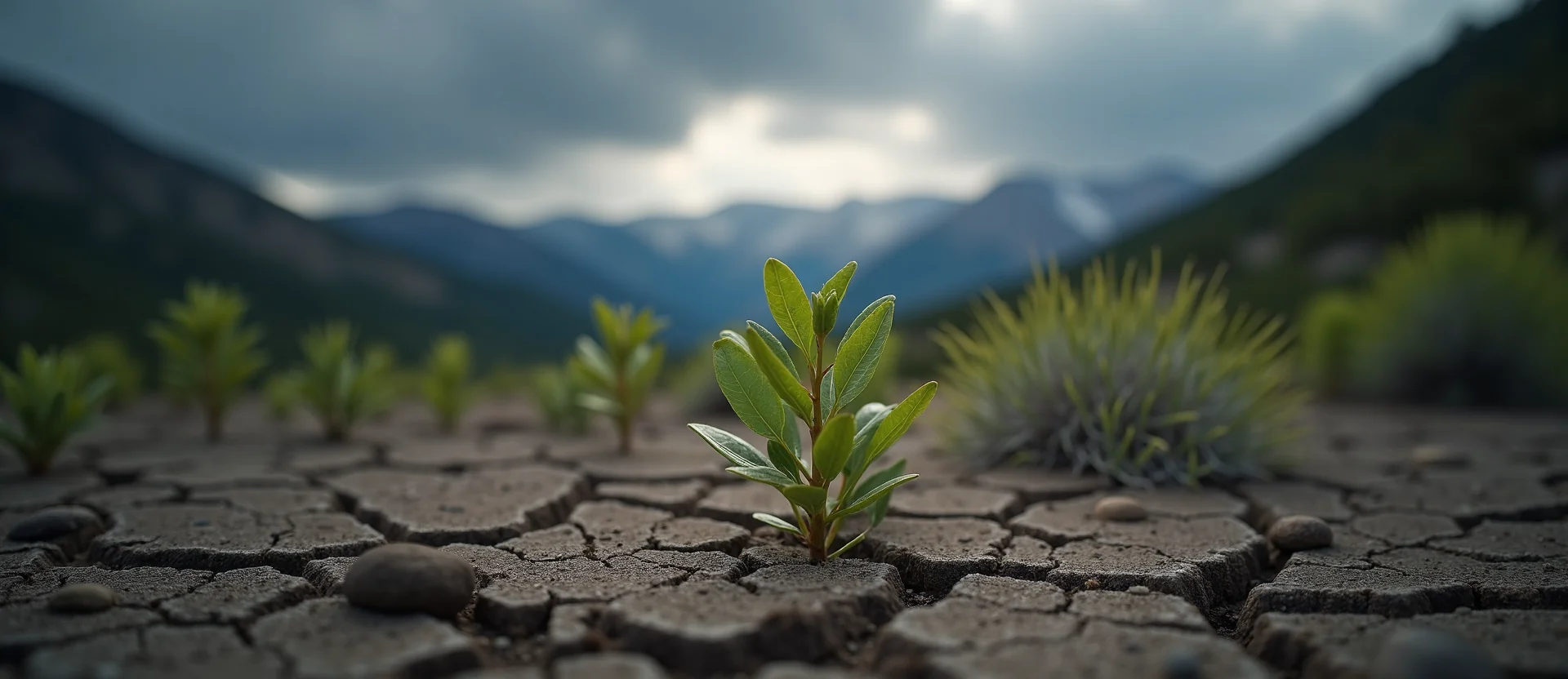 Symbolizing Seed/New Beginning: A local Manzanita shoot emerging from cracked soil. - AI Generated