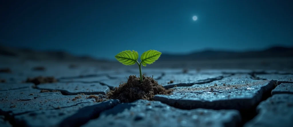 Symbolizing Seed/New Beginning: A local Manzanita shoot emerging from cracked soil. - AI Generated